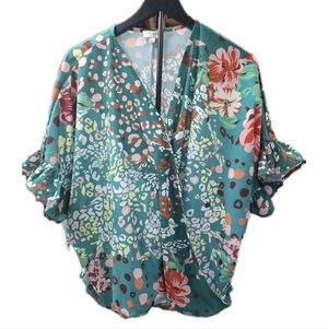 Umgee Floral Wrap Blouse - Teal Multicolor